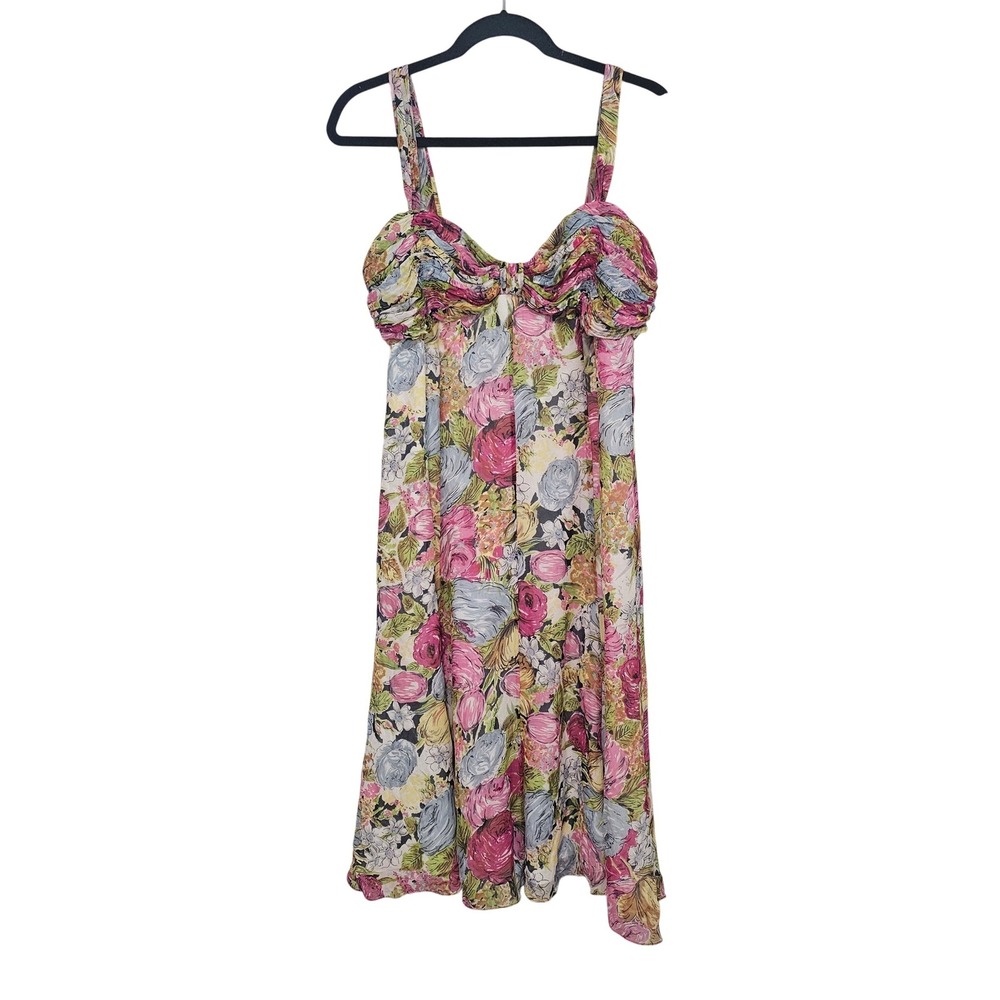 Silk Chiffon Midi Dress 12 Floral Ruched Sweetheart Wedding Guest Fairy NWT
